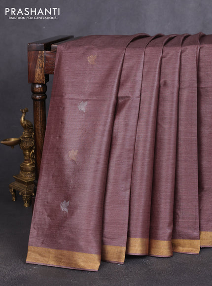 Banana silk saree brown with silver & zari woven buttas and zari woven border