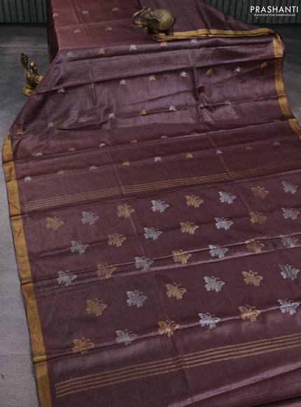 Banana silk saree brown with silver & zari woven buttas and zari woven border