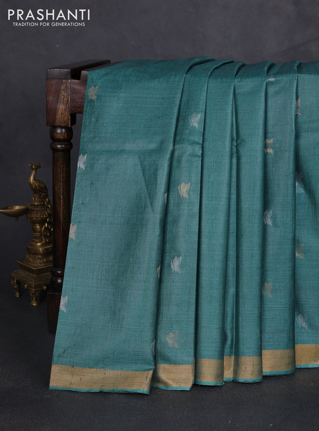 Banana silk saree peacock green with silver & zari woven buttas and zari woven border
