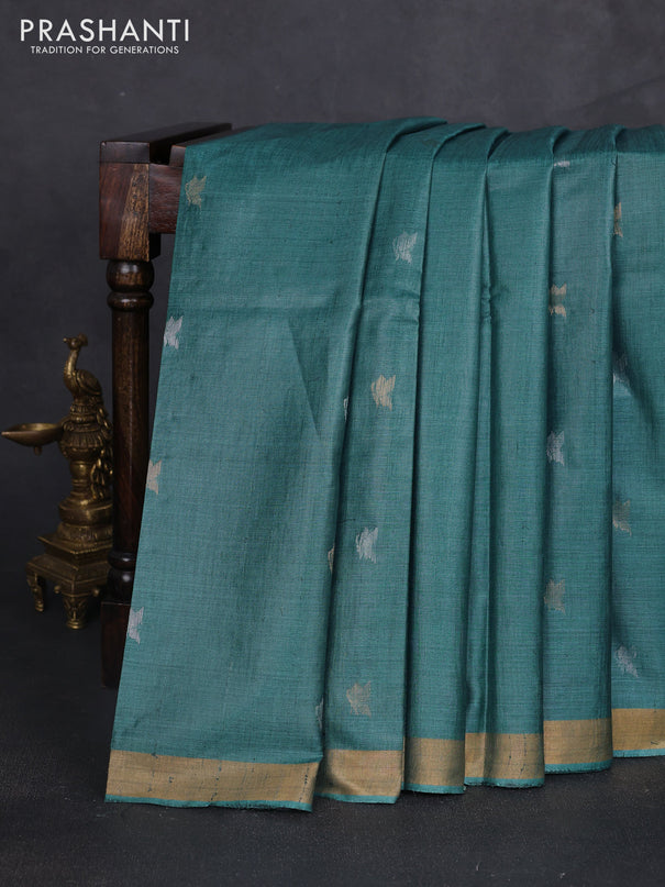 Banana silk saree peacock green with silver & zari woven buttas and zari woven border
