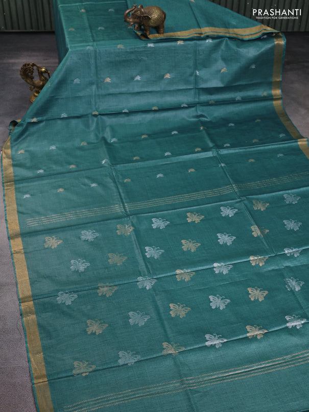 Banana silk saree peacock green with silver & zari woven buttas and zari woven border