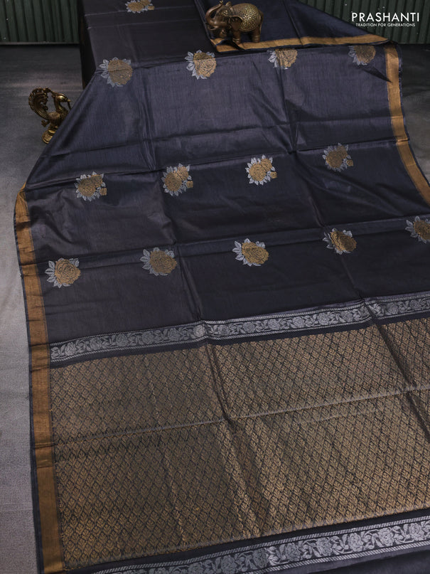 Banana silk saree black with silver & zari woven buttas and zari woven border