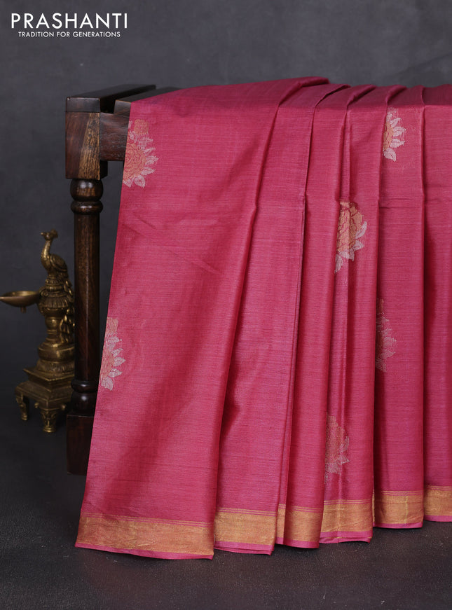Banana silk saree pink shade with silver & zari woven buttas and zari woven border