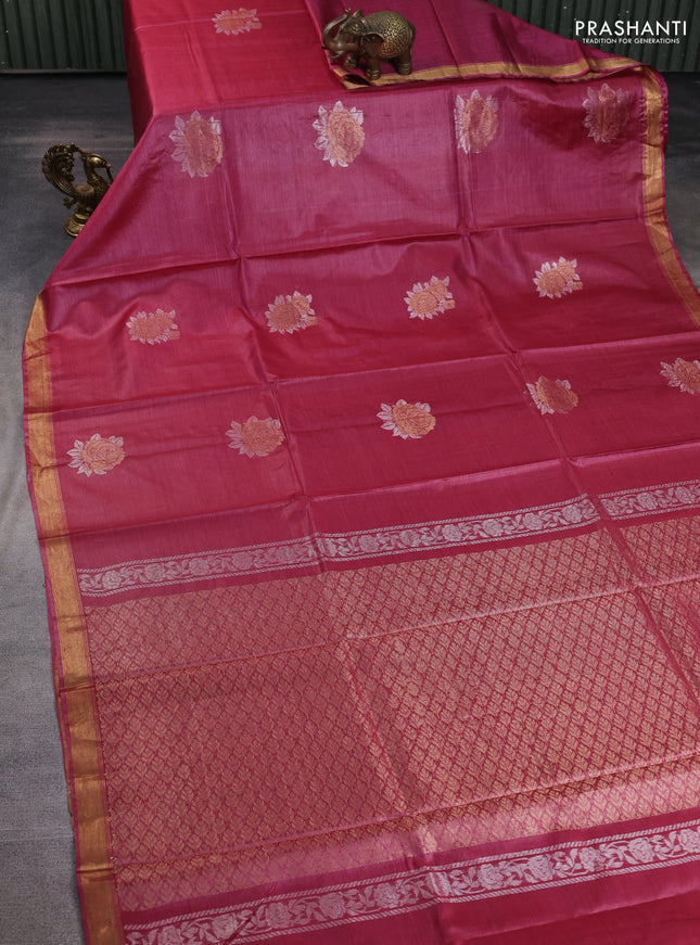 Banana silk saree pink shade with silver & zari woven buttas and zari woven border