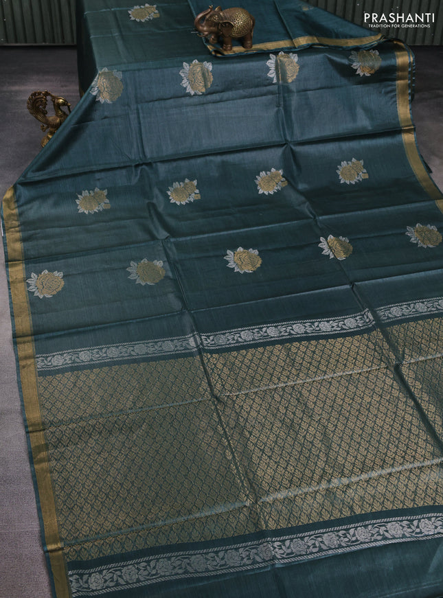 Banana silk saree green with silver & zari woven buttas and zari woven border