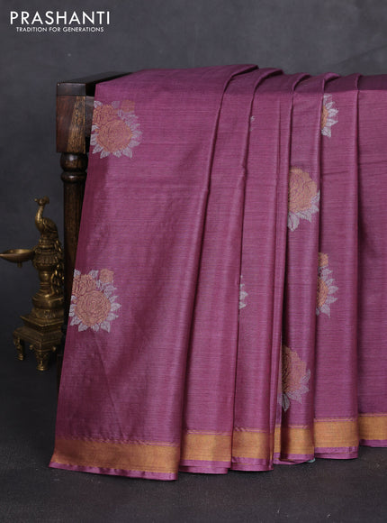 Banana silk saree pastel purple and dark grey with silver & zari woven buttas and zari woven border
