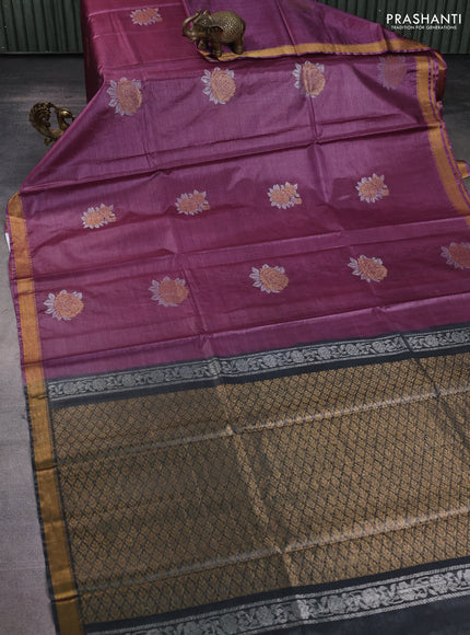 Banana silk saree pastel purple and dark grey with silver & zari woven buttas and zari woven border