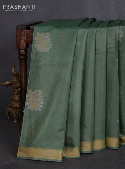 Banana silk saree light green and rust shade with silver & zari woven buttas and zari woven border