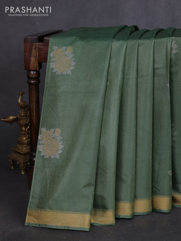 Banana silk saree light green and rust shade with silver & zari woven buttas and zari woven border