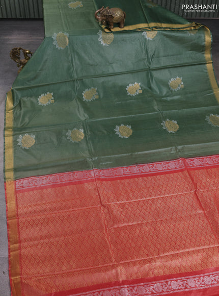 Banana silk saree light green and rust shade with silver & zari woven buttas and zari woven border