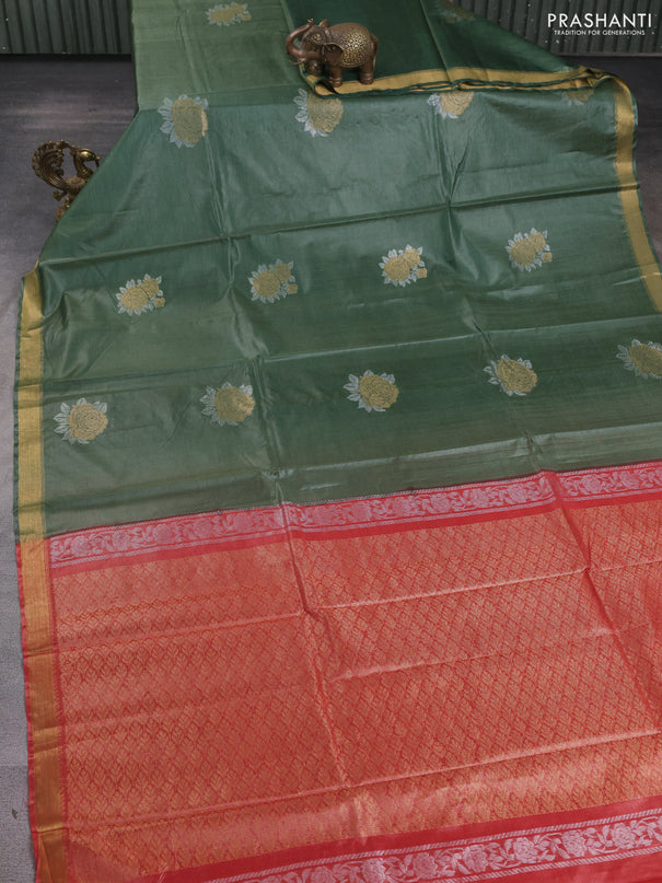Banana silk saree light green and rust shade with silver & zari woven buttas and zari woven border