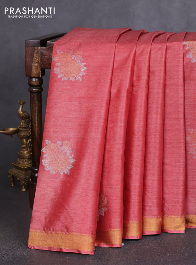 Banana silk saree rust shade and green with silver & zari woven buttas and zari woven border