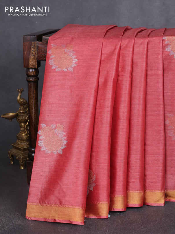 Banana silk saree rust shade and green with silver & zari woven buttas and zari woven border