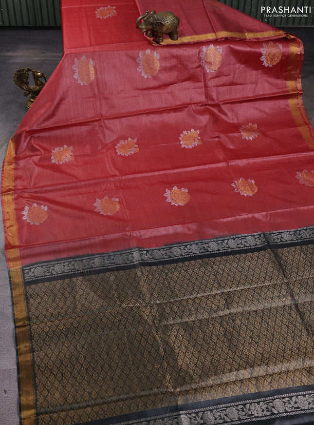 Banana silk saree rust shade and green with silver & zari woven buttas and zari woven border