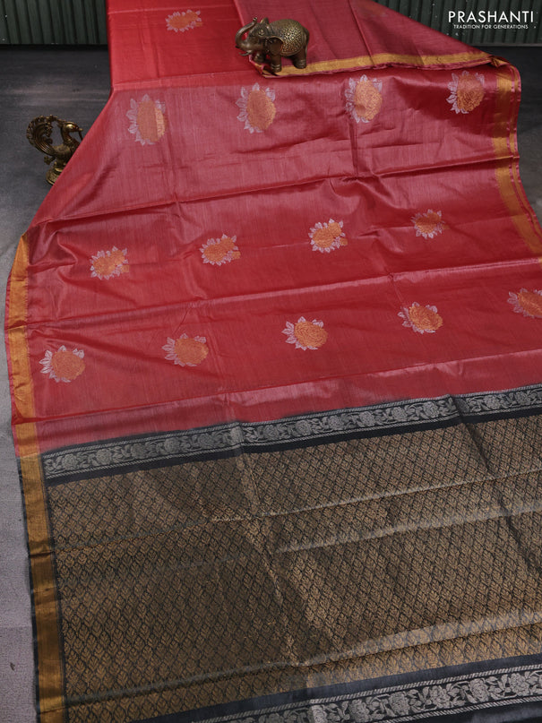 Banana silk saree rust shade and green with silver & zari woven buttas and zari woven border