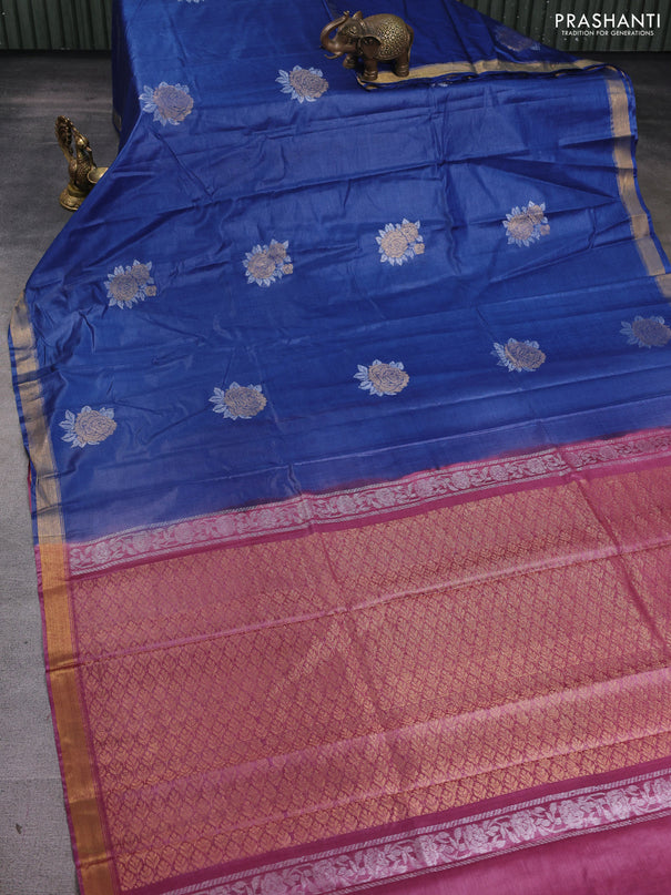 Banana silk saree blue shade and purple shade with silver & zari woven buttas and zari woven border