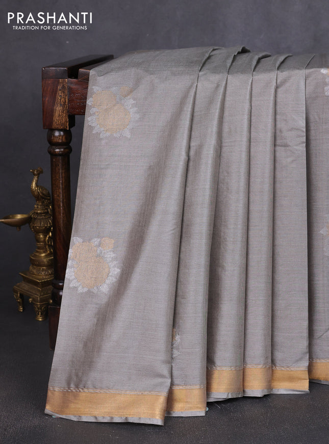 Banana silk saree grey and rust shade with silver & zari woven buttas and zari woven border