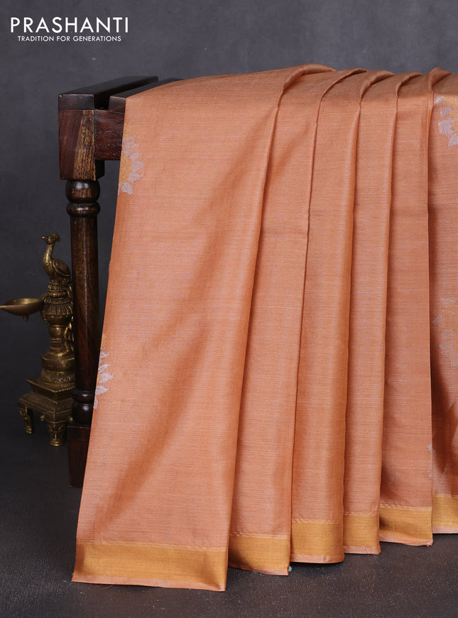 Banana silk saree rustic orange and deep purple with silver & zari woven buttas and zari woven border