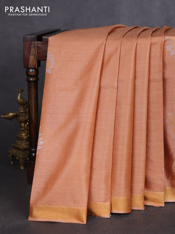 Banana silk saree rustic orange and deep purple with silver & zari woven buttas and zari woven border