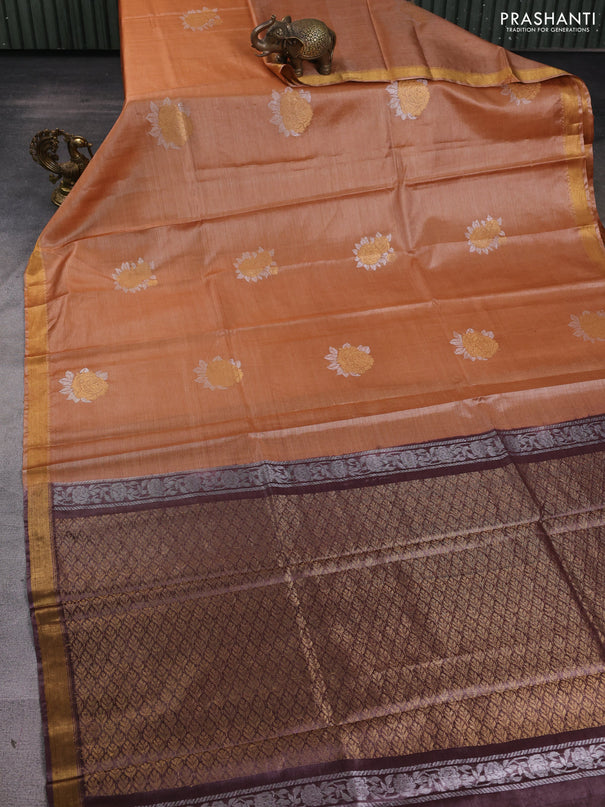 Banana silk saree rustic orange and deep purple with silver & zari woven buttas and zari woven border