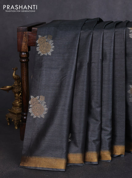 Banana silk saree elephant grey and red with silver & zari woven buttas and zari woven border