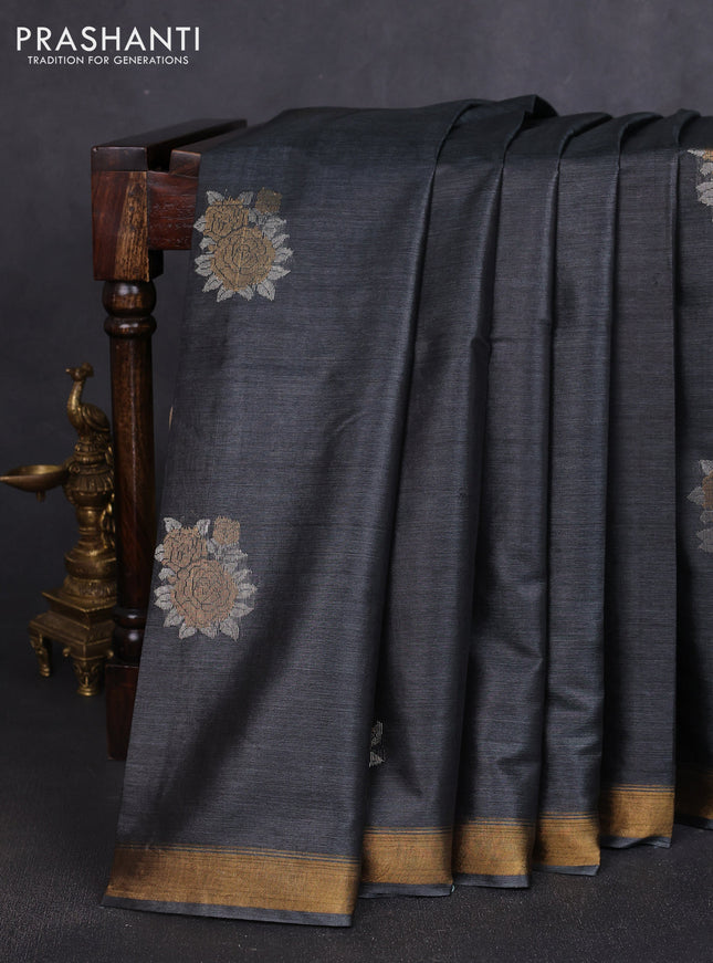 Banana silk saree elephant grey and red with silver & zari woven buttas and zari woven border