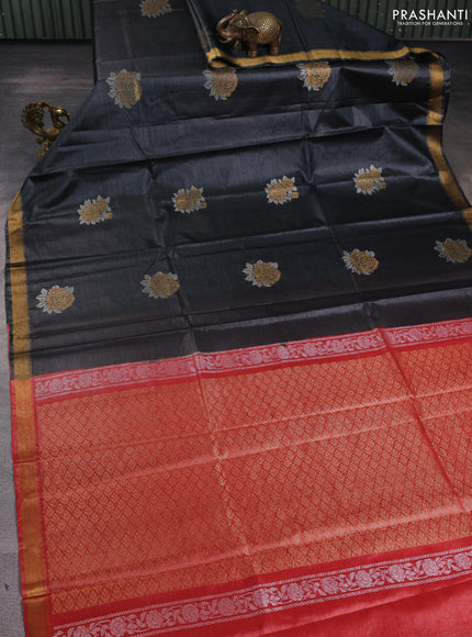 Banana silk saree elephant grey and red with silver & zari woven buttas and zari woven border