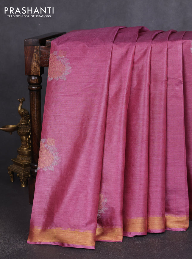 Banana silk saree mauve pink and deep purple with silver & zari woven buttas and zari woven border