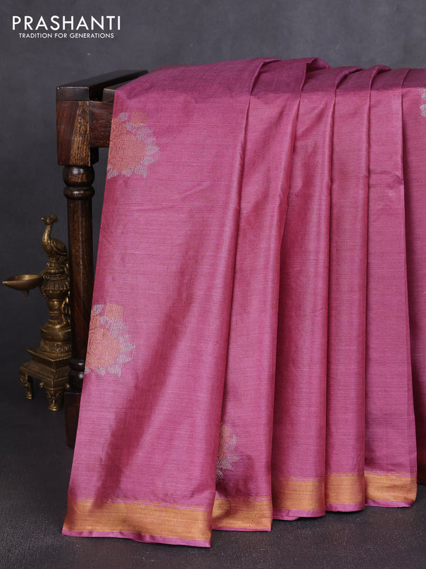 Banana silk saree mauve pink and deep purple with silver & zari woven buttas and zari woven border
