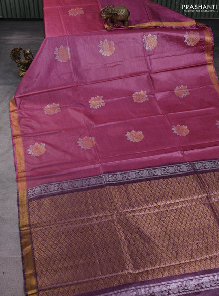 Banana silk saree mauve pink and deep purple with silver & zari woven buttas and zari woven border
