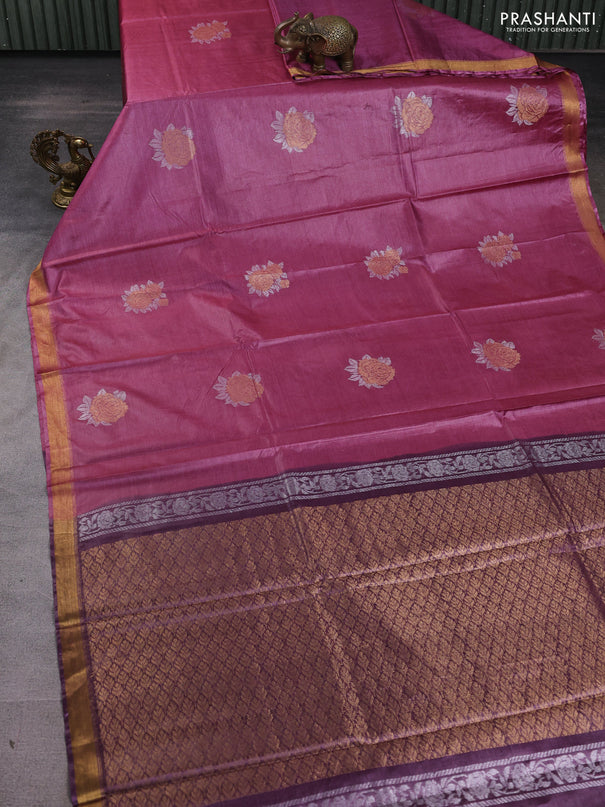 Banana silk saree mauve pink and deep purple with silver & zari woven buttas and zari woven border