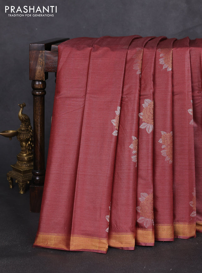 Banana silk saree rust shade with silver & zari woven buttas and zari woven border