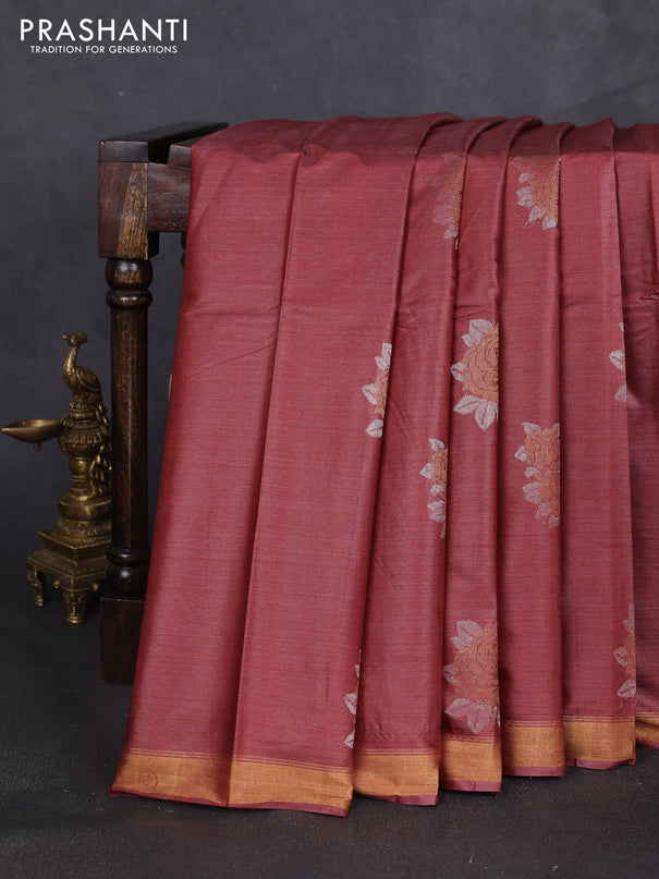 Banana silk saree rust shade with silver & zari woven buttas and zari woven border