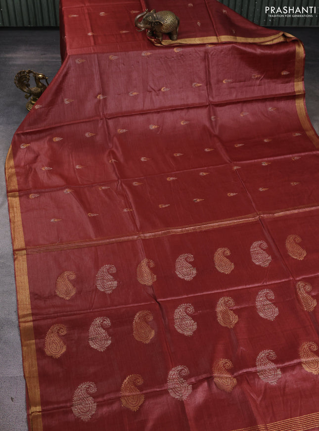Banana silk saree rust shade with thread & zari woven buttas and zari woven border