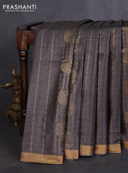 Banana silk saree dark grey with allover zari stripe pattern and zari woven border