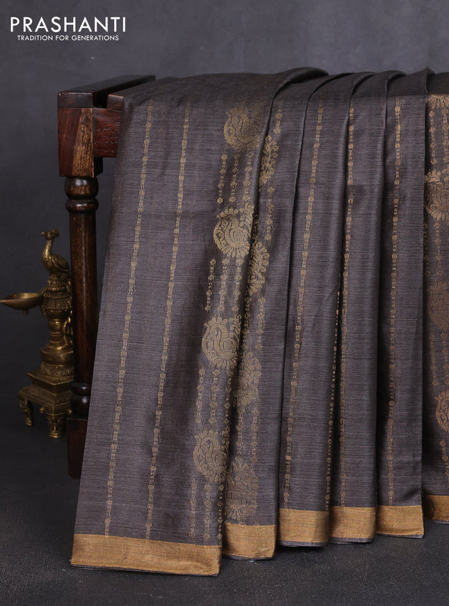Banana silk saree dark grey with allover zari stripe pattern and zari woven border