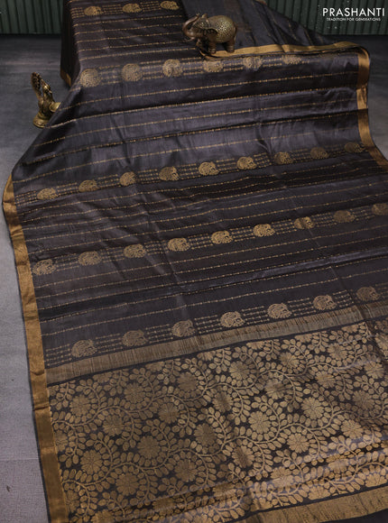 Banana silk saree dark grey with allover zari stripe pattern and zari woven border