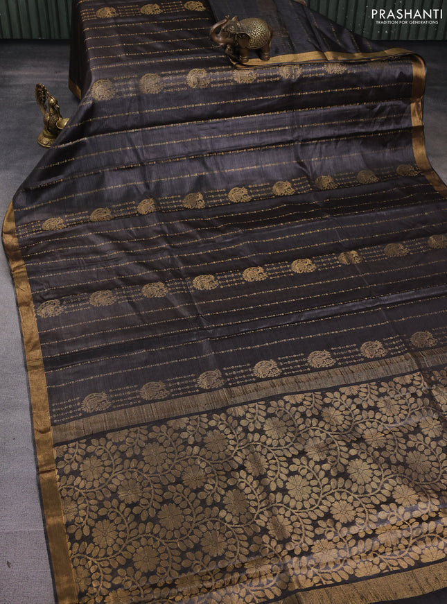 Banana silk saree dark grey with allover zari stripe pattern and zari woven border