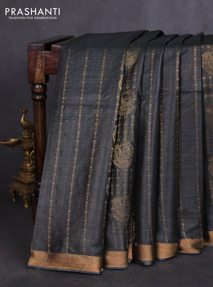 Banana silk saree elephant grey with allover zari stripe pattern and zari woven border