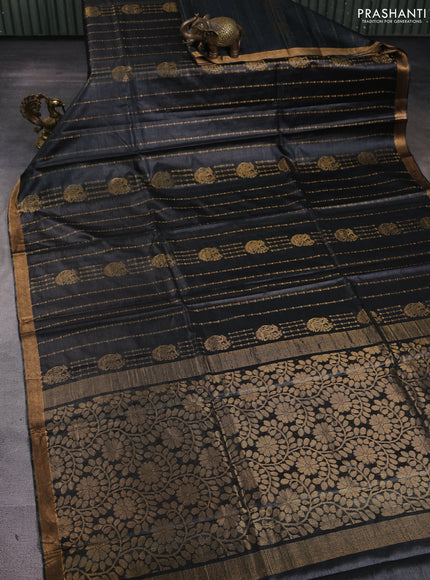 Banana silk saree elephant grey with allover zari stripe pattern and zari woven border