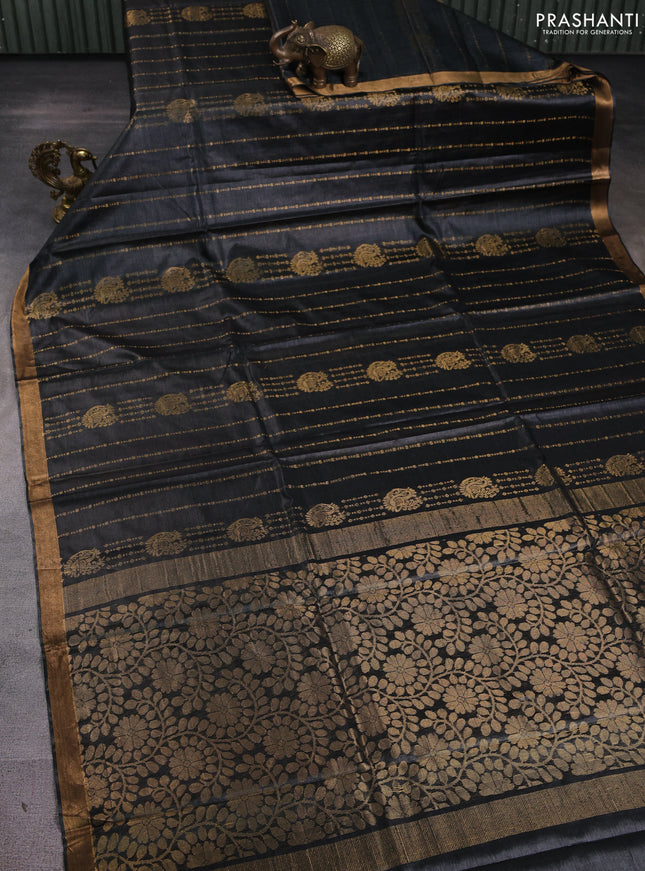 Banana silk saree elephant grey with allover zari stripe pattern and zari woven border