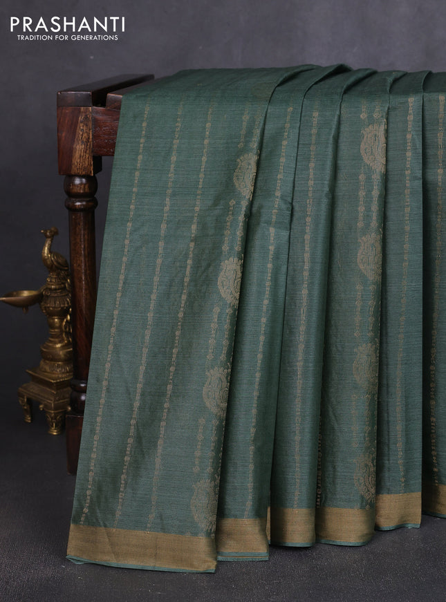Banana silk saree pastel green and red with allover zari stripe pattern and zari woven border