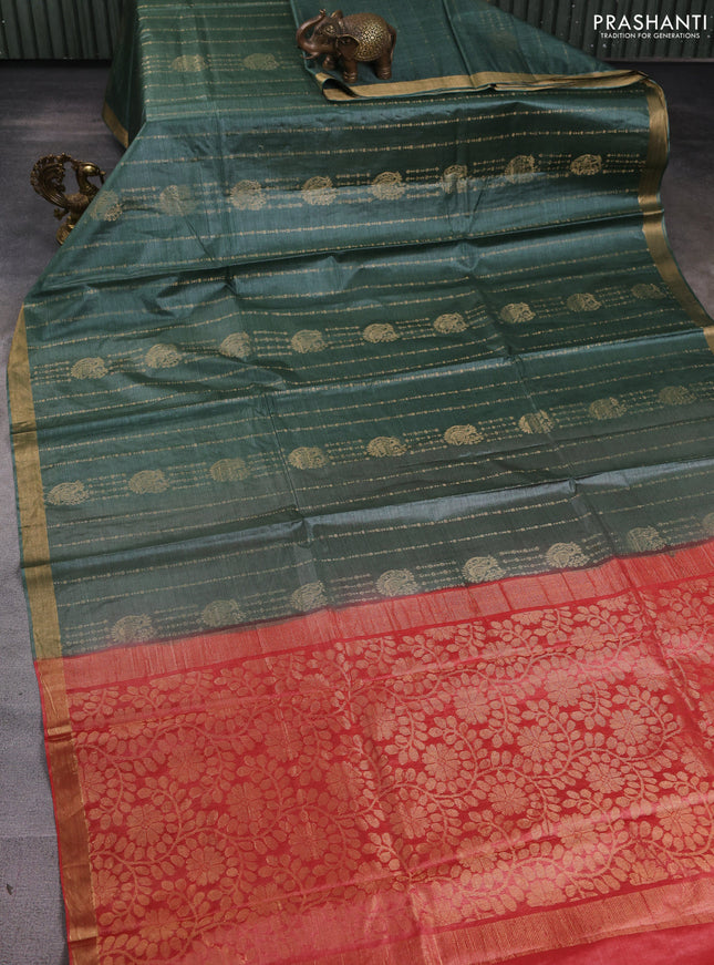 Banana silk saree pastel green and red with allover zari stripe pattern and zari woven border