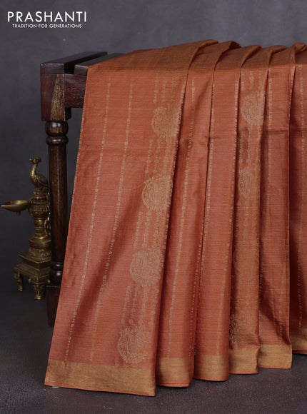 Banana silk saree rust shade and blue with allover zari stripe pattern and zari woven border