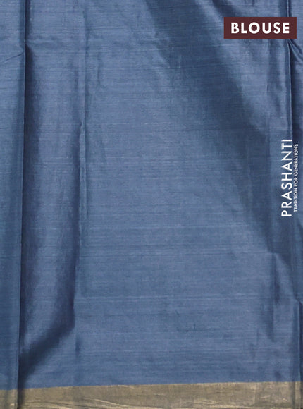 Banana silk saree rust shade and blue with allover zari stripe pattern and zari woven border