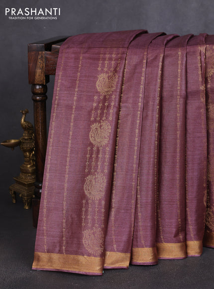 Banana silk saree deep wine shade with allover zari stripe pattern and zari woven border