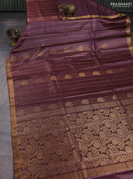 Banana silk saree deep wine shade with allover zari stripe pattern and zari woven border