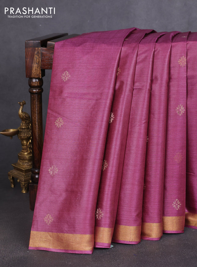 Banana silk saree dark magenta with thread & zari woven buttas and zari woven border