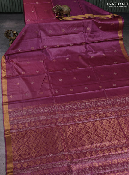 Banana silk saree dark magenta with thread & zari woven buttas and zari woven border