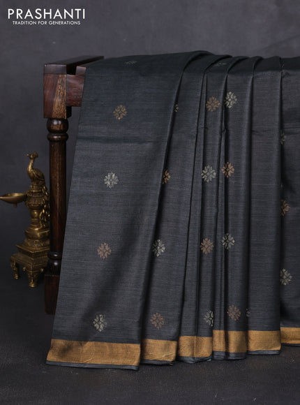 Banana silk saree dark grey with thread & zari woven buttas and zari woven border